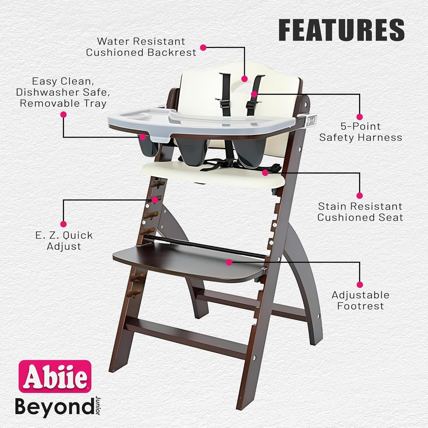 Abiie Beyond Junior Wooden High Chair with Tray - Adjustable and Convertible High Chair for Babies and Toddlers - 6 Months to 250 Lb - Water Resistant - Mahogany Wood/White Cushion