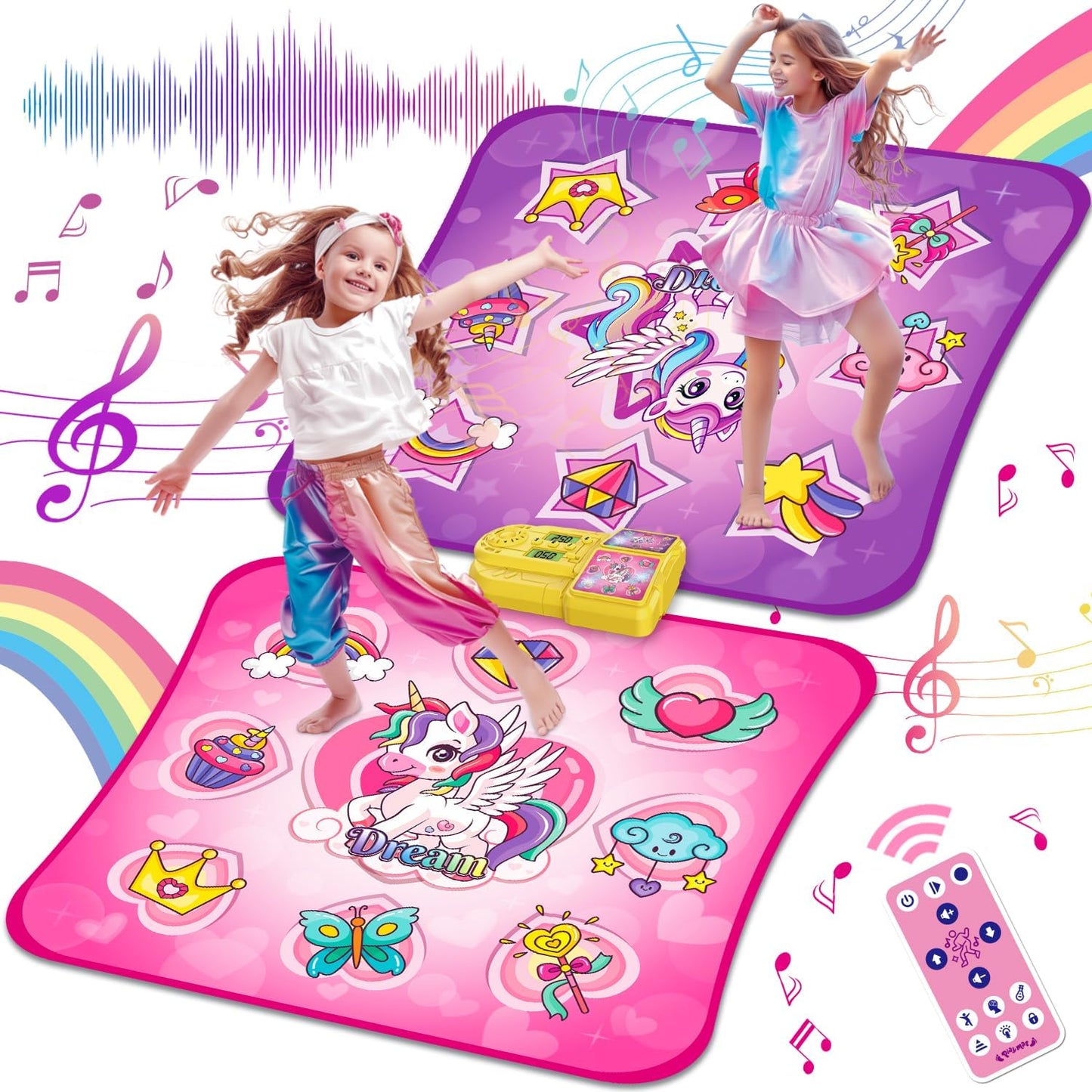 VATOS Double Dance Mat for Girls - 4 Game Modes & 9 Challenge Levels with Adjustable Volume, Led Light & Wireless Bluetooth | Music Play Mat Birthday Gifts Toys for Kids Ages 3 4 5 6 7 8 9+ Years Olds