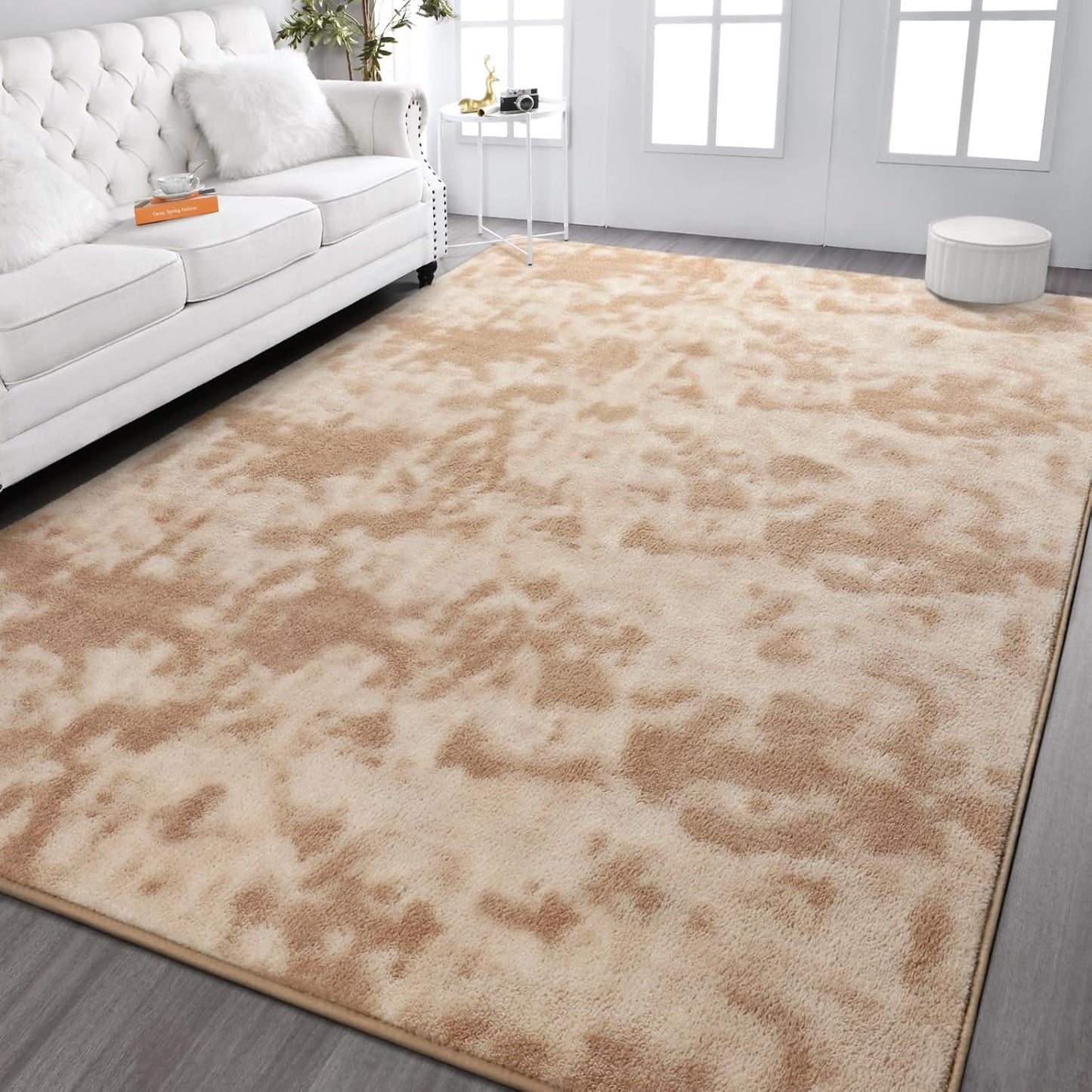 Kimicole 7x10 Washable Area Rugs for Living Room Bedroom, Large Low Pile Ulta-Thin Solid Color Rug, Non-Slip Soft Fluffy Carpet for Nursery Kids Room Dorm Room Home Decor (Light Tan)
