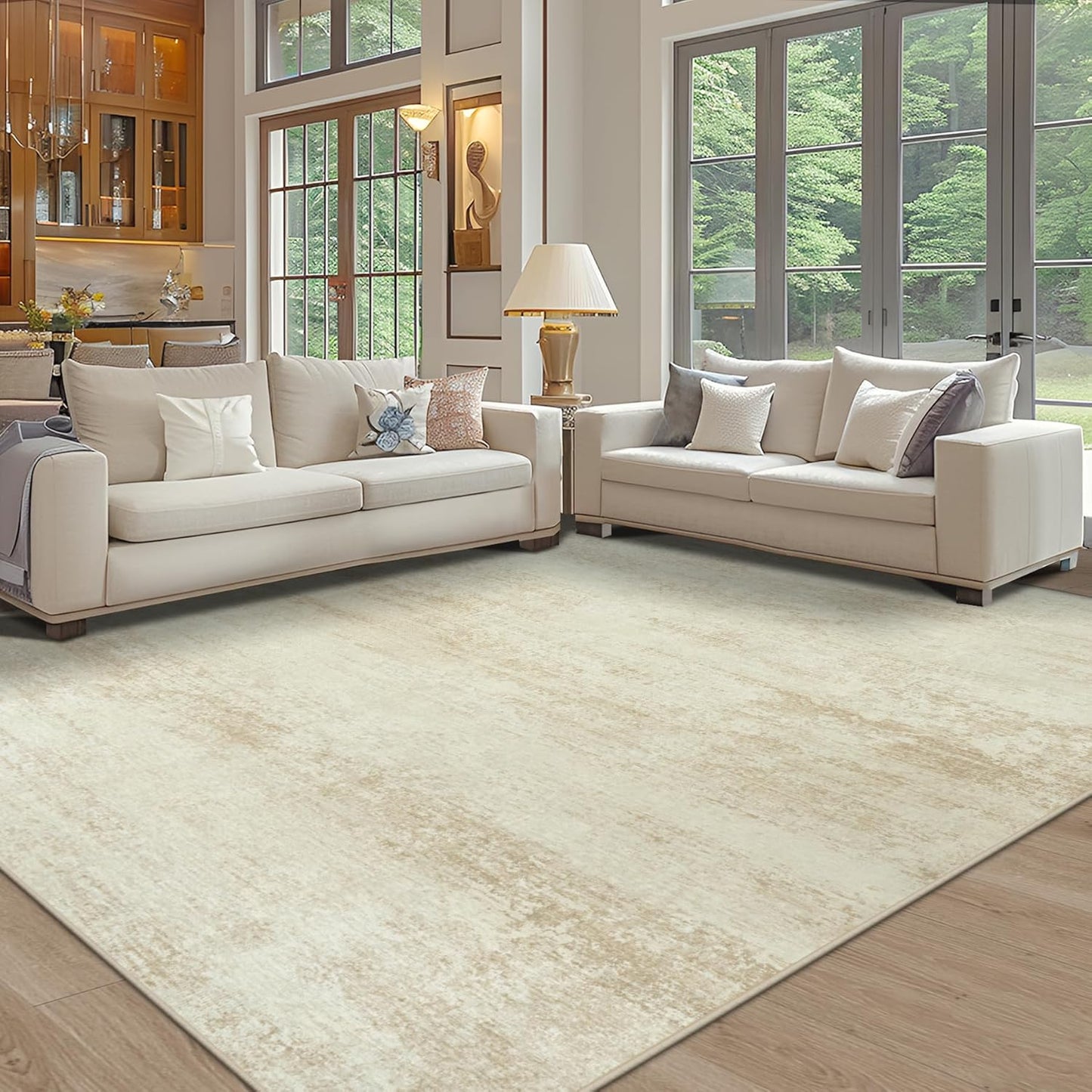 Washable Rug 6x9 Area Rugs, Abstract Large Living Room Rugs with Non-Slip Backing, Thin Carpet for Dorm Dining Room Table Nursery Indoor Home Office -Beige