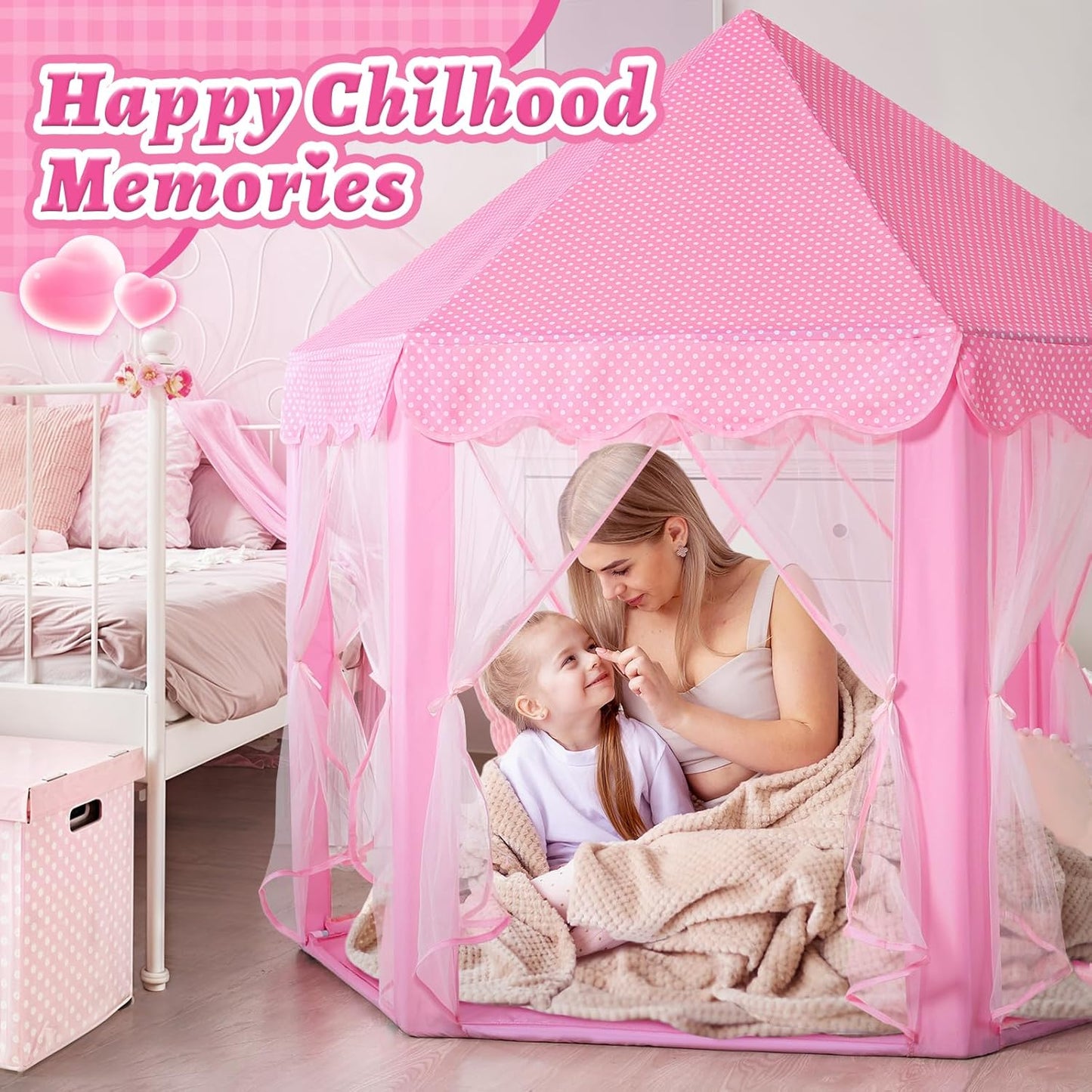 Monobeach Princess Castle Play Tent for Girls - Large 55'' x 53'' Playhouse with Star Lights for Indoor and Outdoor Play