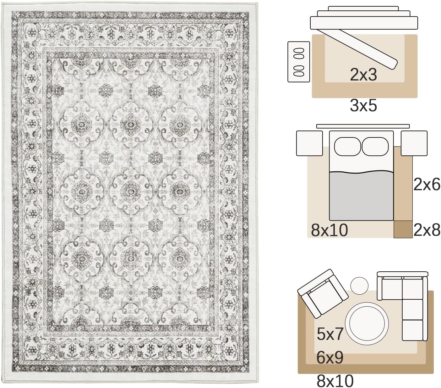jinchan Floral 2x3 Rugs for Entryway - Machine Washable Beige Vintage Distressed Boho Design Soft Faux Wool Small Non-Slip Doormat for Entrance Kitchen Living Room Bedroom Farmhouse (2‘x3',Beige)
