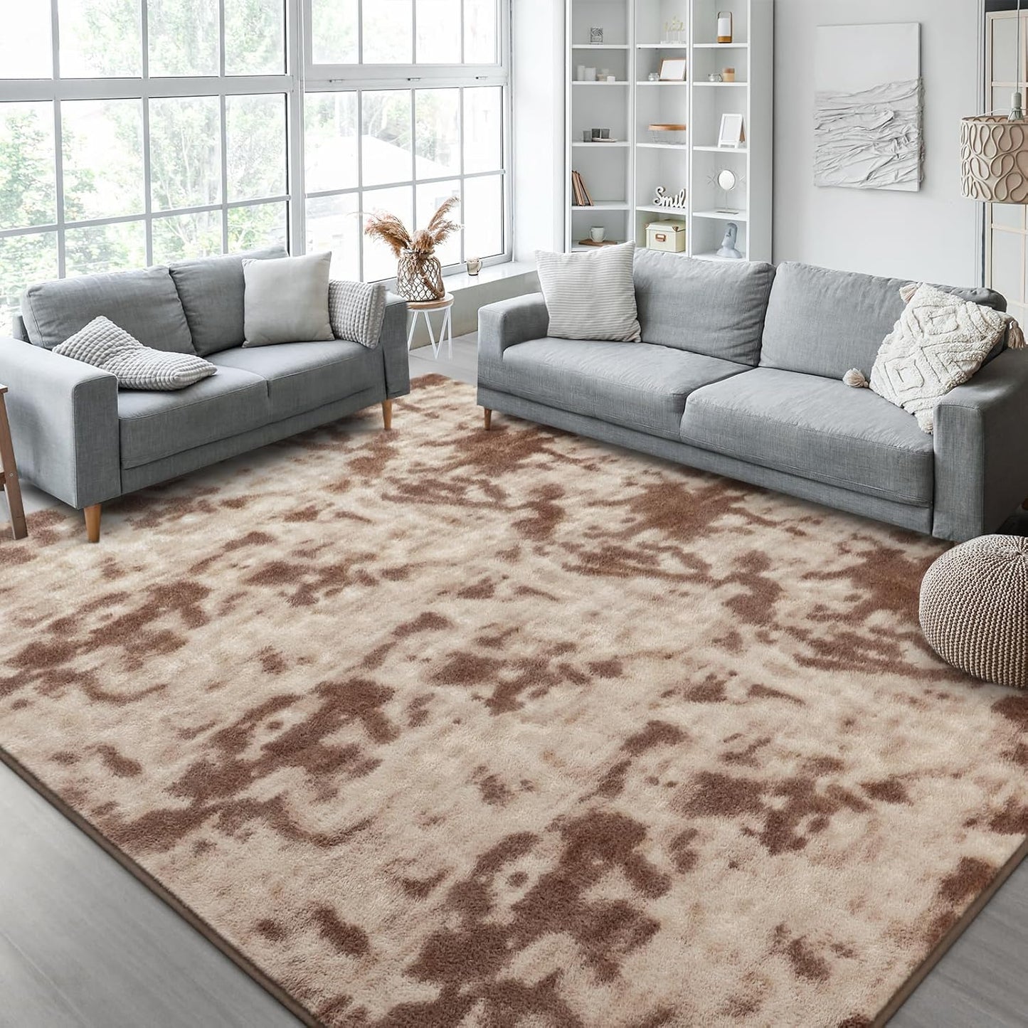 Kimicole 7x10 Washable Area Rugs for Living Room Bedroom, Large Low Pile Ulta-Thin Solid Color Rug, Non-Slip Soft Fluffy Carpet for Nursery Kids Room Dorm Room Home Decor (Brown)