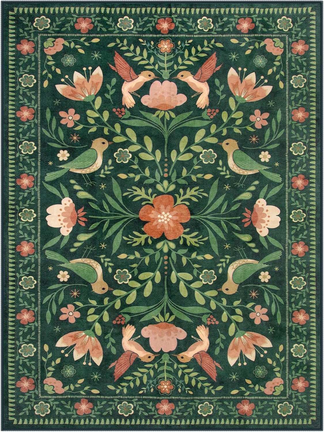 Moynesa Boho Bird 9x12 Area Rug Washable Living Room Rug, Low-Pile Green Floral Bedroom Rugs for Living Room Stain Resistance, Vintage Soft Large Rug for Kids Playroom Nursery