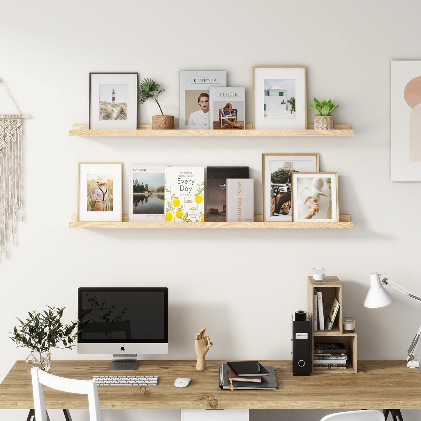 Picture Ledge Shelf for Wall, 48 inch Solid Pine Wood Nursery Book Shelves 2 Packs, Floating Ledge Shelves for Kids' Room Bedroom Bathroom Living Room Photo Frames Office Nursey Wall Decor, Natural