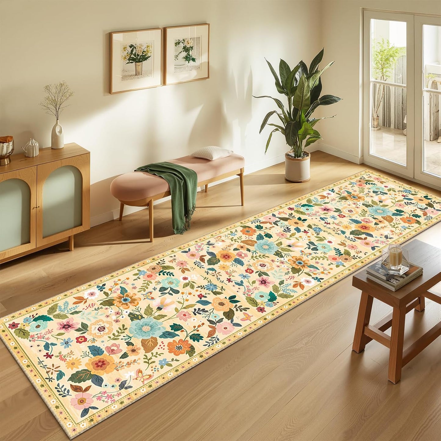Floral 2x10 Area Rug Machine Washable Soft Print Boho Carpet Non Slip Doormat Low Pile Flower Area Rugs for Living Room Bedroom Nursery Kitchen Dining Room Indoor-Ivory/Yellow