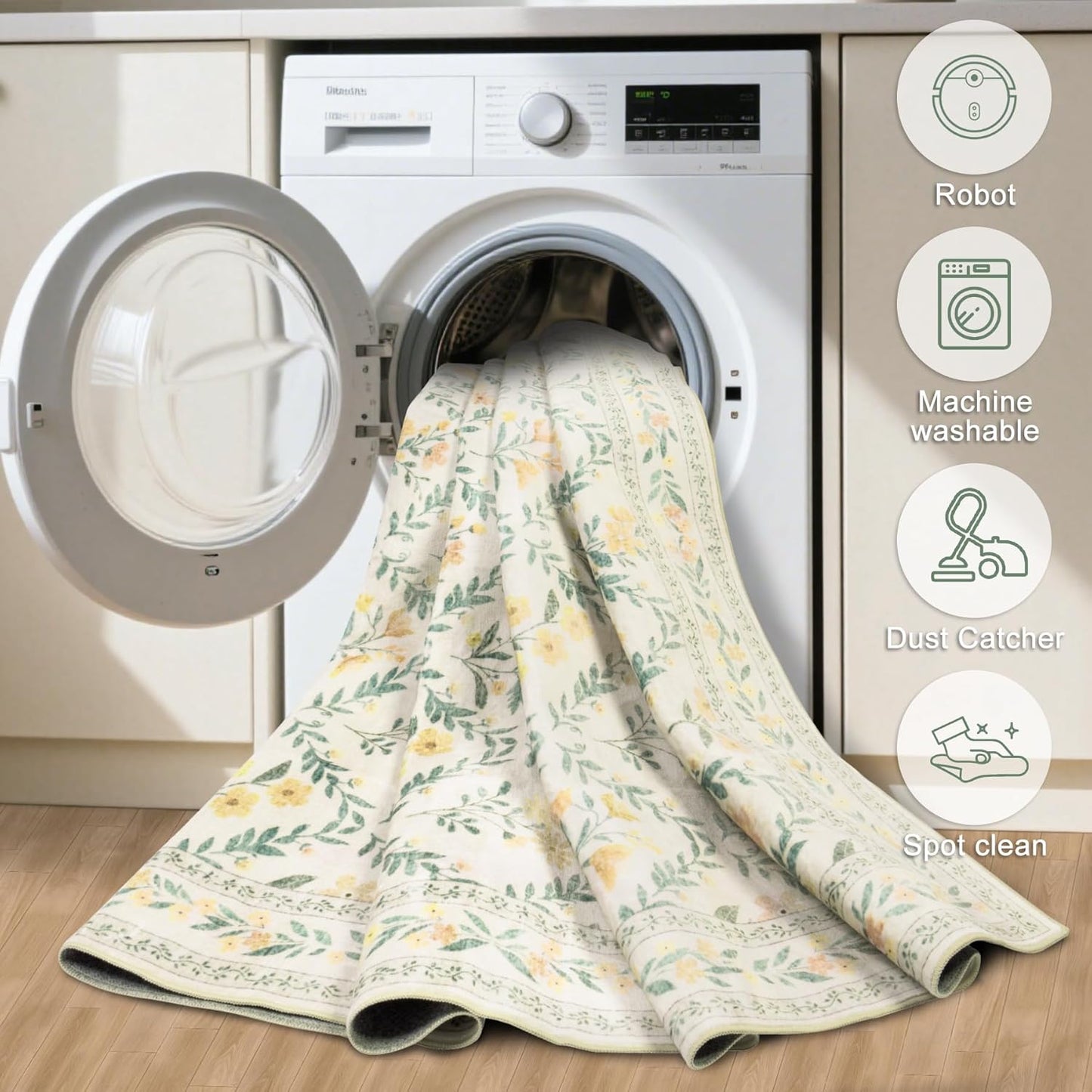 Area Rug Living Room Rugs: Floral 5x7 Washable Rug Vintage Soft Boho Non-Slip Carpet Indoor Stain Resistant Large Carpets for Bedroom Dining Room Farmhouse Nursery Hallway Home Office Beige/Multi