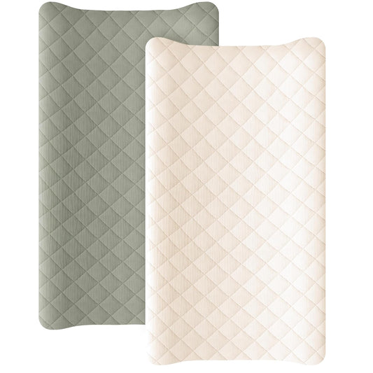 Konssy Waterproof Muslin Changing Pad Cover 2 Pack, Quilted Cotton Fitted Diaper Chang Table Cover, Soft Changing Pad Sheets for Girls Boys (Fog Green,Cream)
