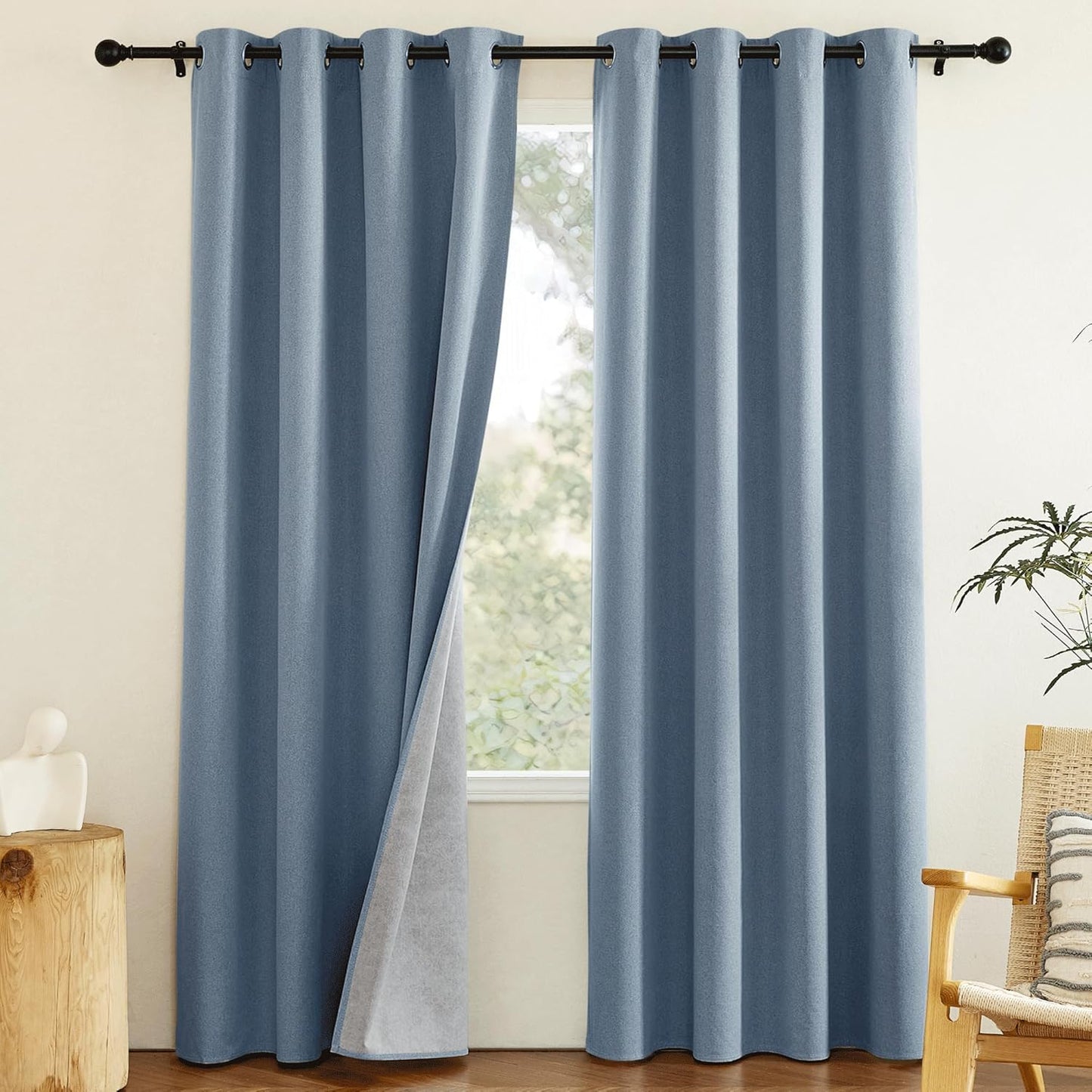 NICETOWN Stone Blue Full Shade Faux Linen Curtain Panels 84" Long, Pair of Energy Smart & Noise Blocking Out Blackout Drapes for Guest Room Window, Thermal Insulated Lined Window Dressing (52 inch)