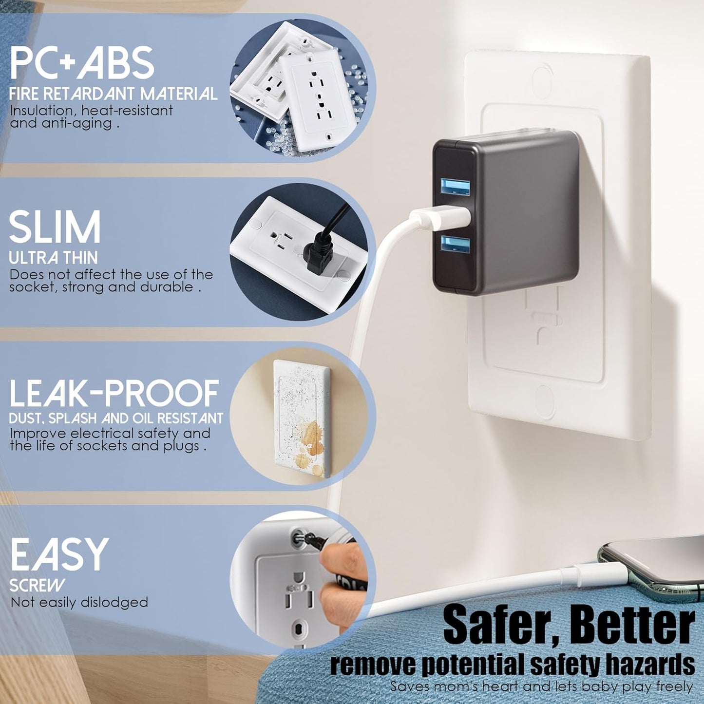 Nearockle 6 Pack Self-Closing Outlet Covers, 2024 Upgraded Built-in Hidden Slider & No-Pull-Out Wall Plug Covers Fit Decora, Duplex Wall Socket, Child Safety Baby Proofing (White)