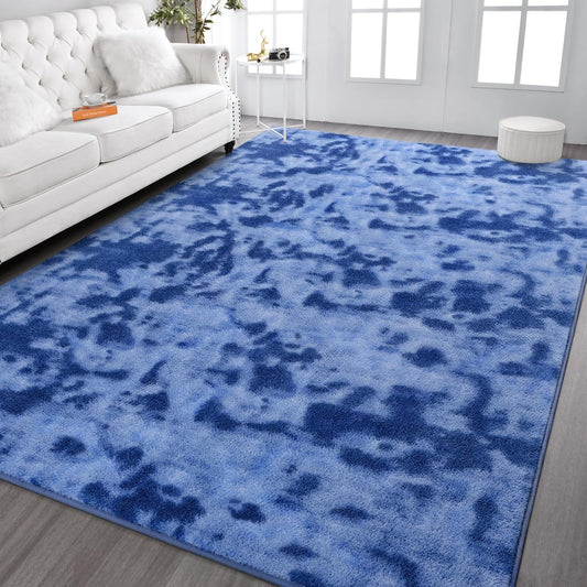 Kimicole 7x10 Washable Area Rugs for Living Room Bedroom, Large Low Pile Ulta-Thin Solid Color Rug, Non-Slip Soft Fluffy Carpet for Nursery Kids Room Dorm Room Home Decor (Blue)