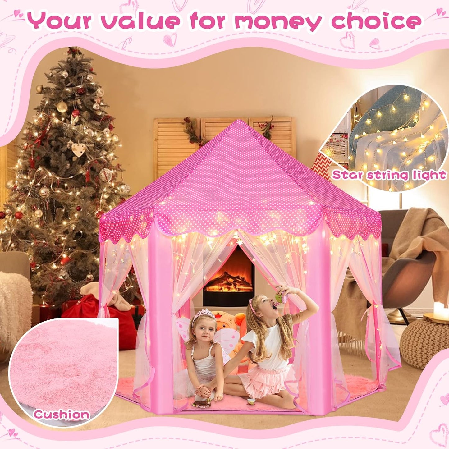 Monobeach Princess Tent Girls Large Playhouse Kids Castle Play Tent with Star Lights Toy for Children Indoor and Outdoor Games, 55'' x 53'' (DxH) (Pink Princess Tent with Play Mat)