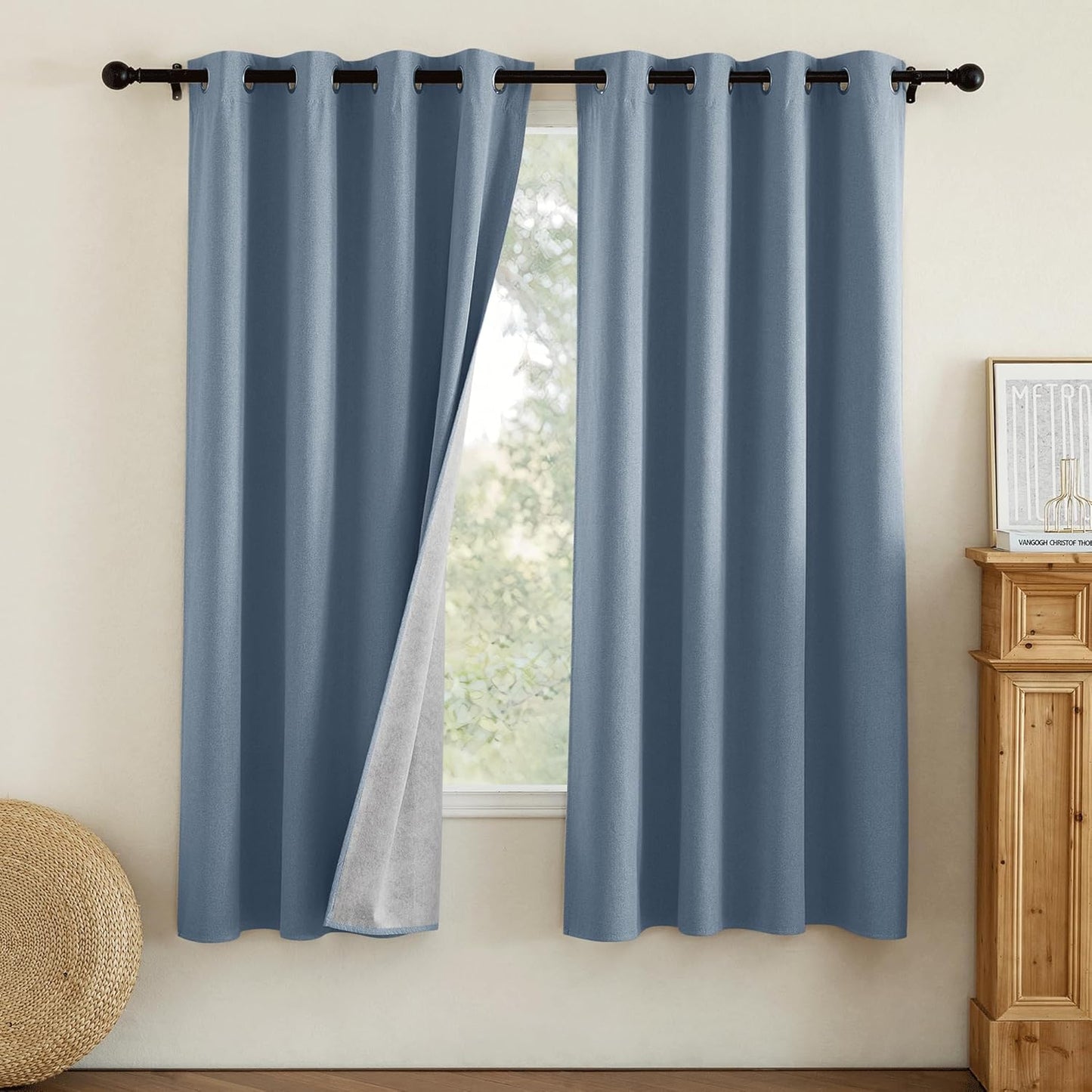 NICETOWN Stone Blue Full Shade Faux Linen Curtain Panels 72" Long, Pair of Energy Smart & Noise Blocking Out Blackout Drapes for Guest Room Window, Thermal Insulated Lined Window Dressing (52 inch)