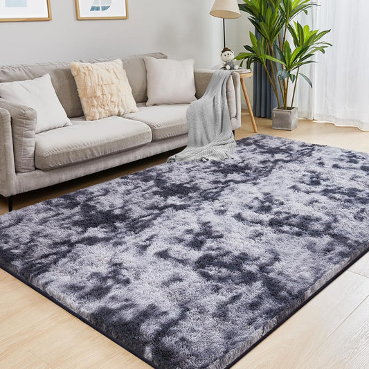 Fluffy Area Rug, 4x5.8 Tie-Dyed Dark Grey Rugs for Bedroom, Soft Plush Area Rugs for Living Room, Nursery, Study Room, Dressing Room, Home Decor