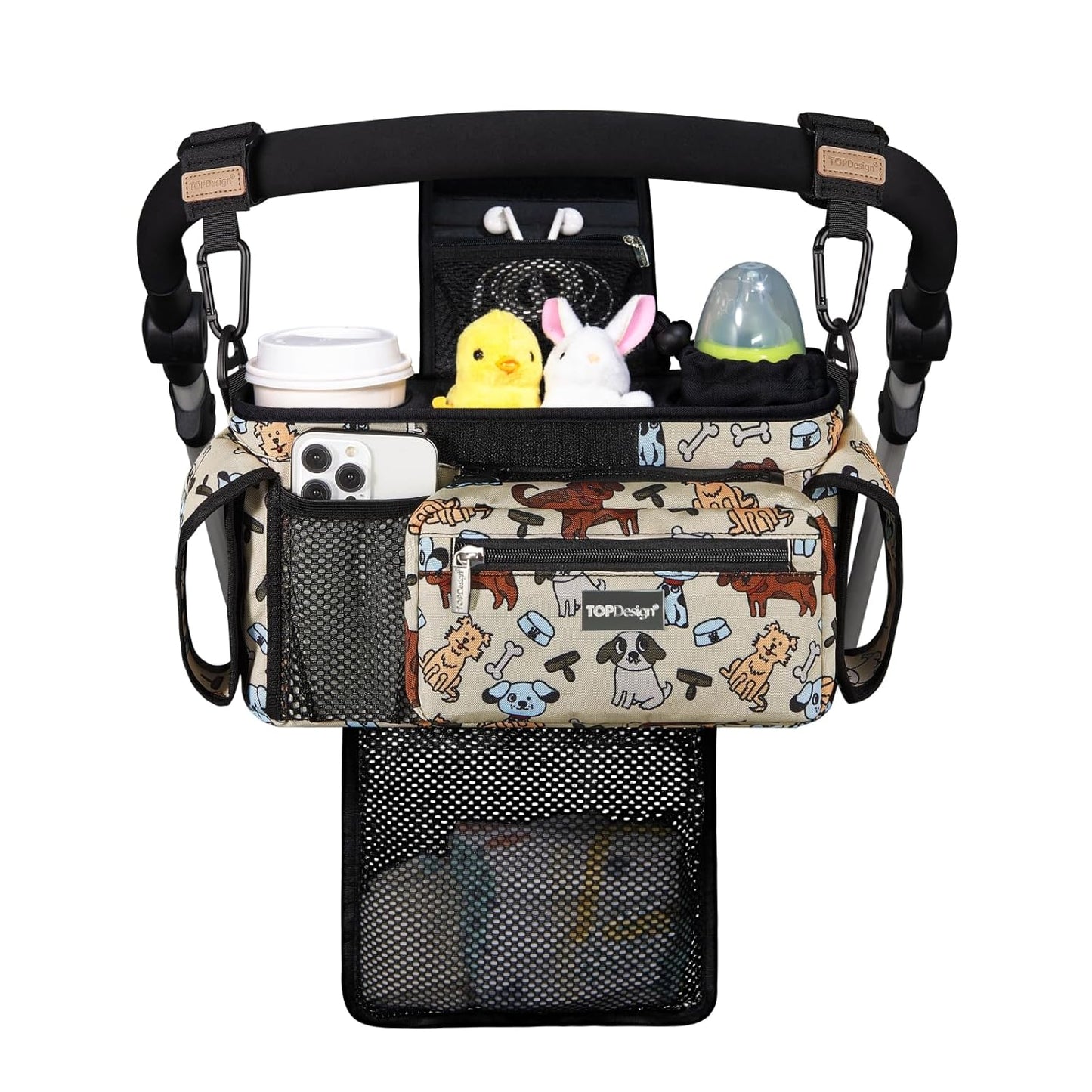 TOPDesign Universal Baby Stroller Organizer, Stroller Caddy with Detachable Mesh Bag & Heightened Insulated Cup Holders & Non-Slip Secure Hooks Accessories, Fits Most Strollers (Dogs)
