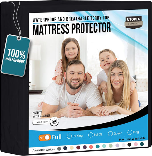Utopia Bedding Waterproof Mattress Protector Full Size, Premium Terry Mattress Cover 200 GSM, Breathable, Fitted Style with Stretchable Pockets (Black)