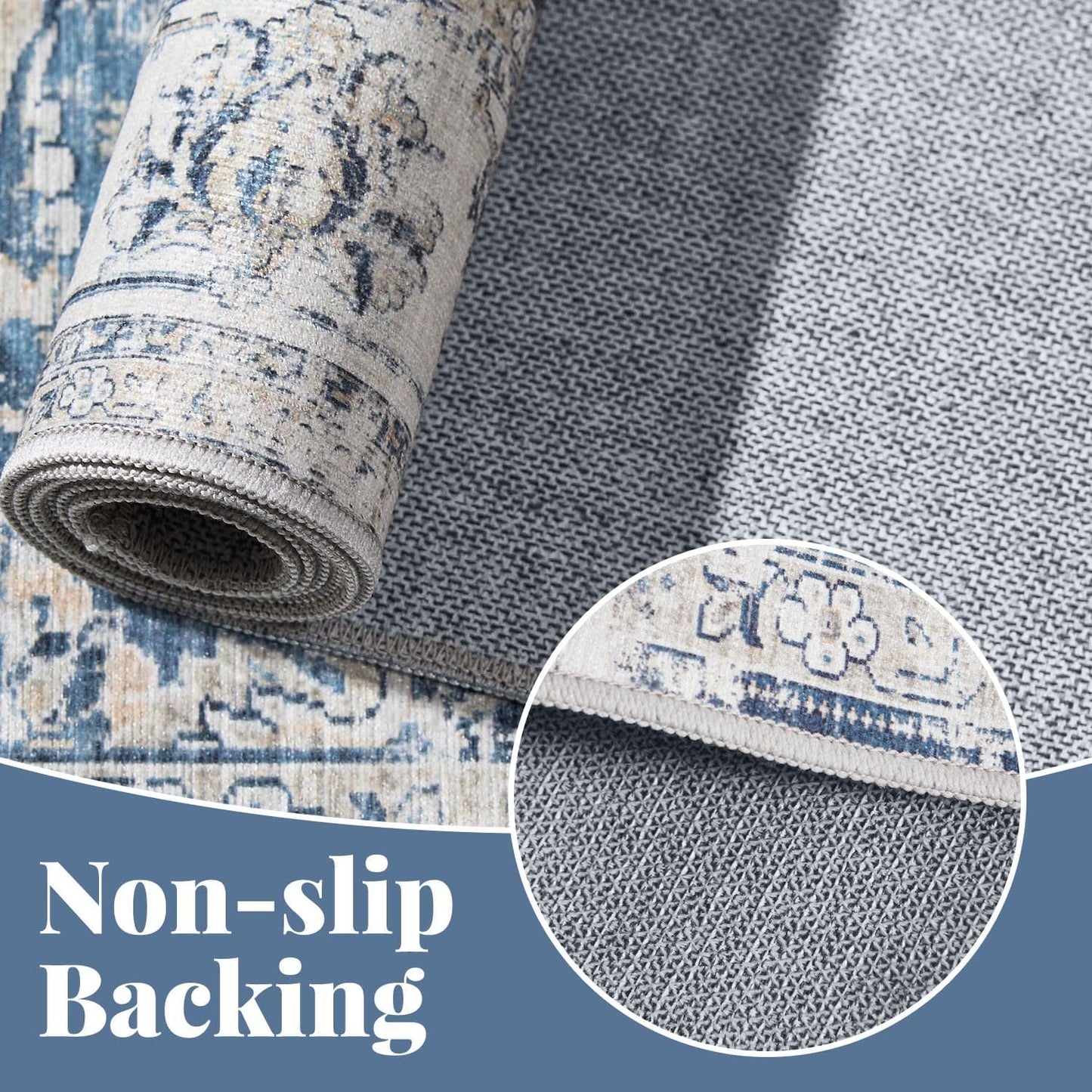 jinchan Runner Rug 2x7 Machine Washable Hallway Rug Dark Blue Vintage Floral Print Non-Slip Low Pile Ultra-Thin for Kitchen,Entryway,Laundry Room,Bedroom,Farmhouse (2‘x7’,Dark Blue)