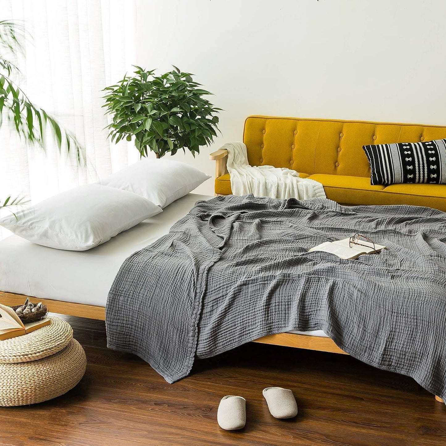 EMME Cotton Throw Blanket for Couch Soft Muslin Blankets 50"x60" Lightweight Breathable Blanket All Season Gauze Blanket, Grey