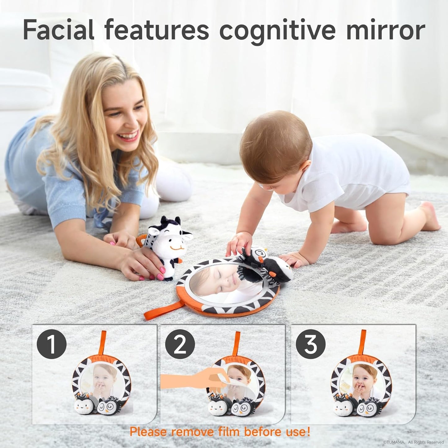 TUMAMA Black and White Baby Toys, High Contrast Tummy Time, Newborn Soft Books Mirror Rattles, Montessori Sensory 0-12 Months, Hanging Infant for Carseat Stroller Play Mat Crib