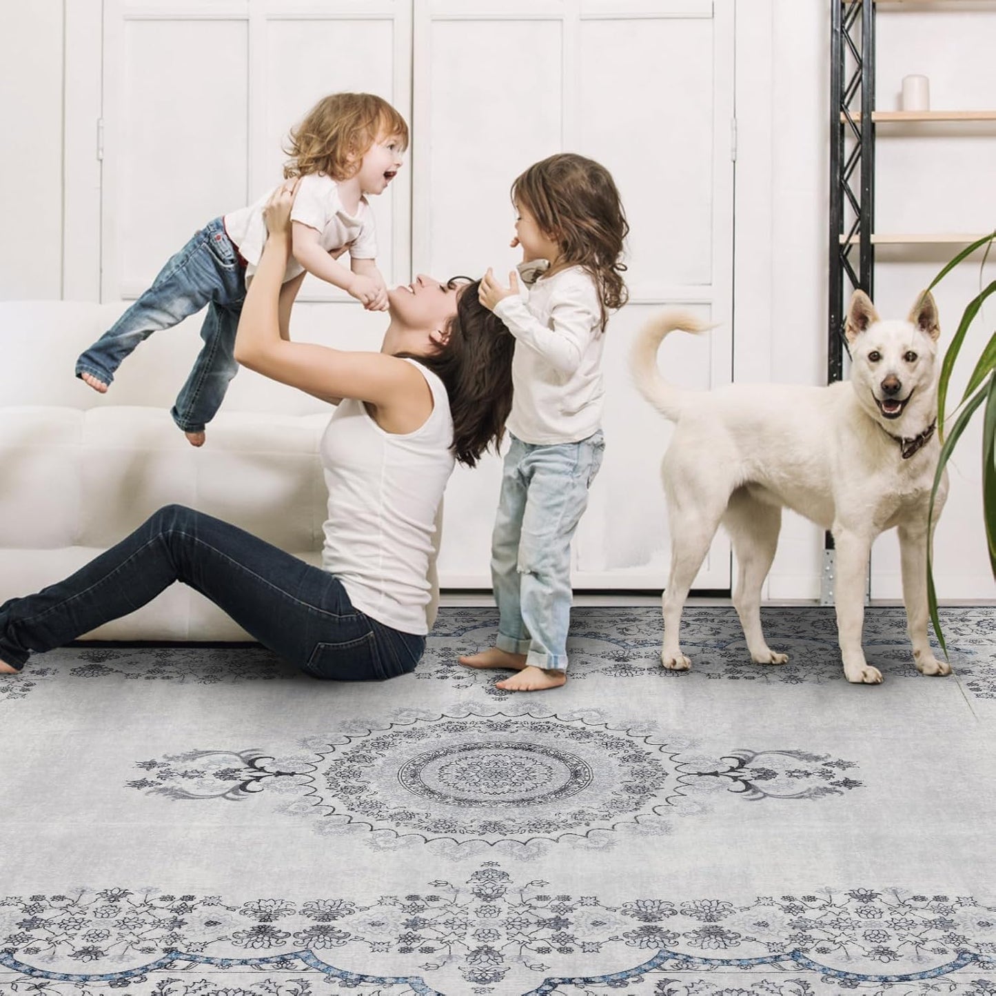 Washable Rugs 5x7 Area Rugs for Living Room, Thin Carpet for Bedroom, Soft Faux Wool Retro Dining Room Rug，Non Slip&Non-Shedding Resistant Low Pile Vintage Print Rug for Home Office (Grey/Blue)