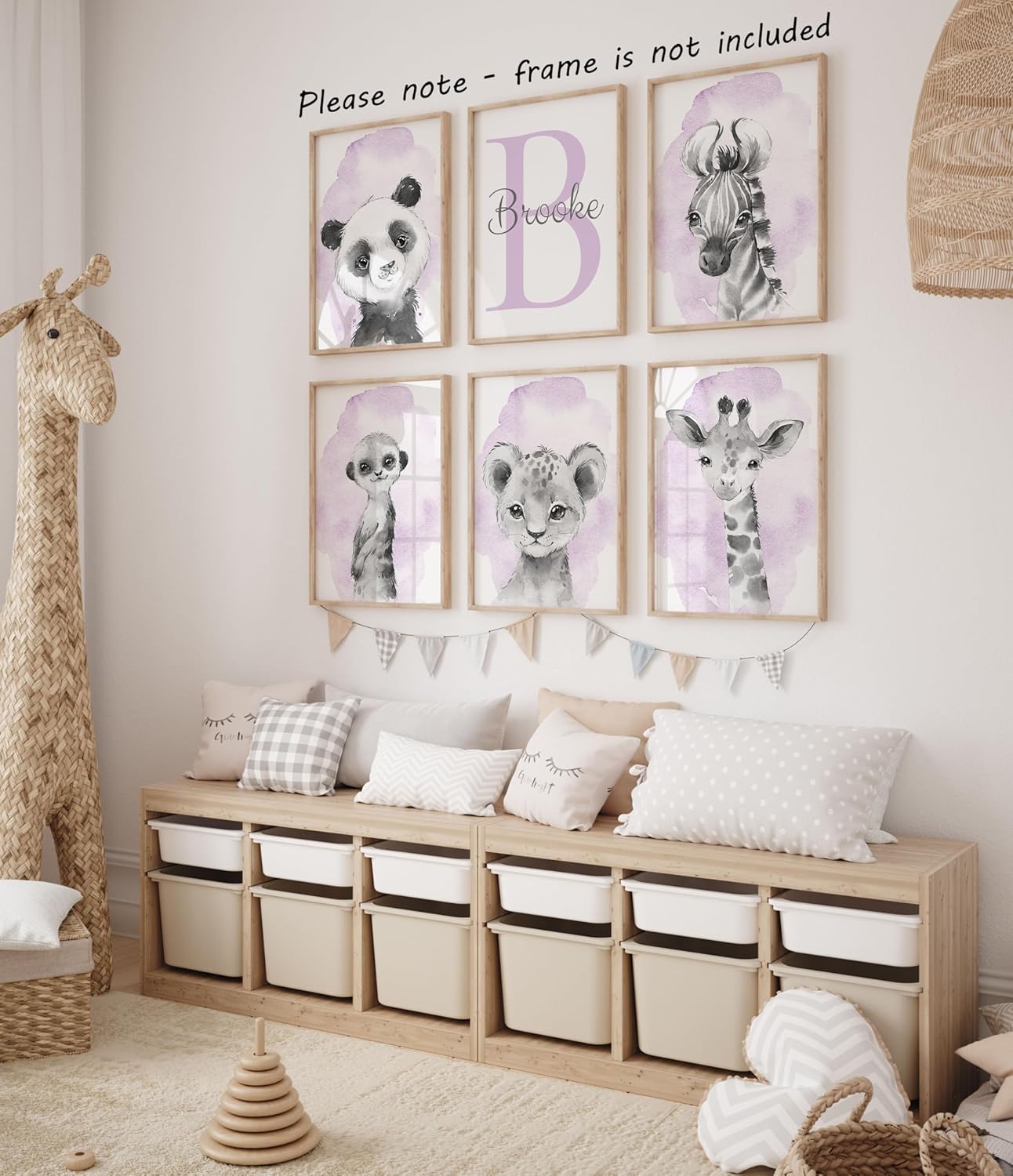 Safari Animals Set of 6 Unframed Poster Prints for Baby Girls Nursery Bedroom Playroom, Personalized Name, Choice of 12 Animals, Pink Purple (12x16)