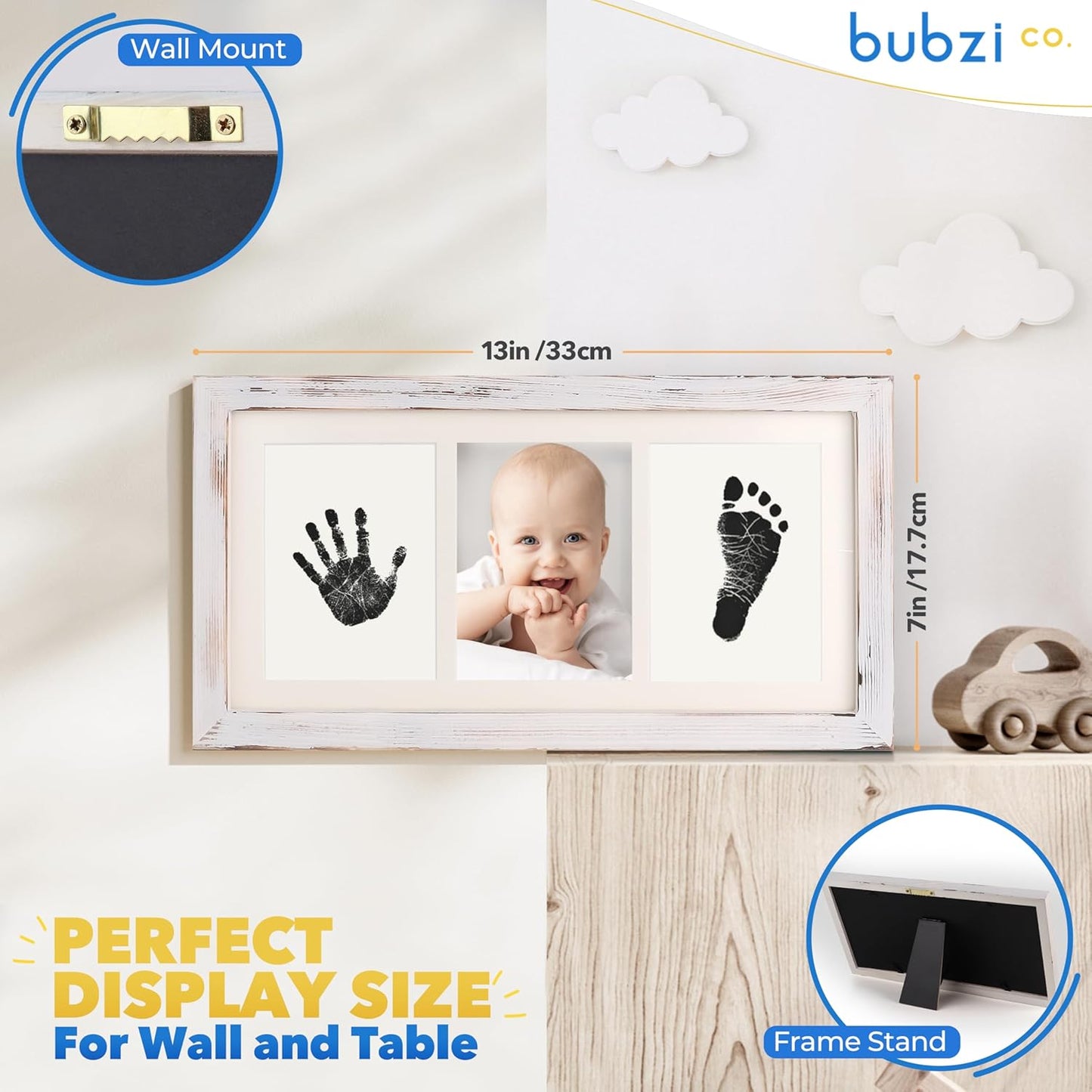 Bubzi Co Baby Handprint Kit & Footprint Photo Frame for Newborn Girls and Boys, Unique Baby Shower Gifts Set for Registry, Memorable Keepsake Decorations for Room Wall or Nursery Decor (White Wash)