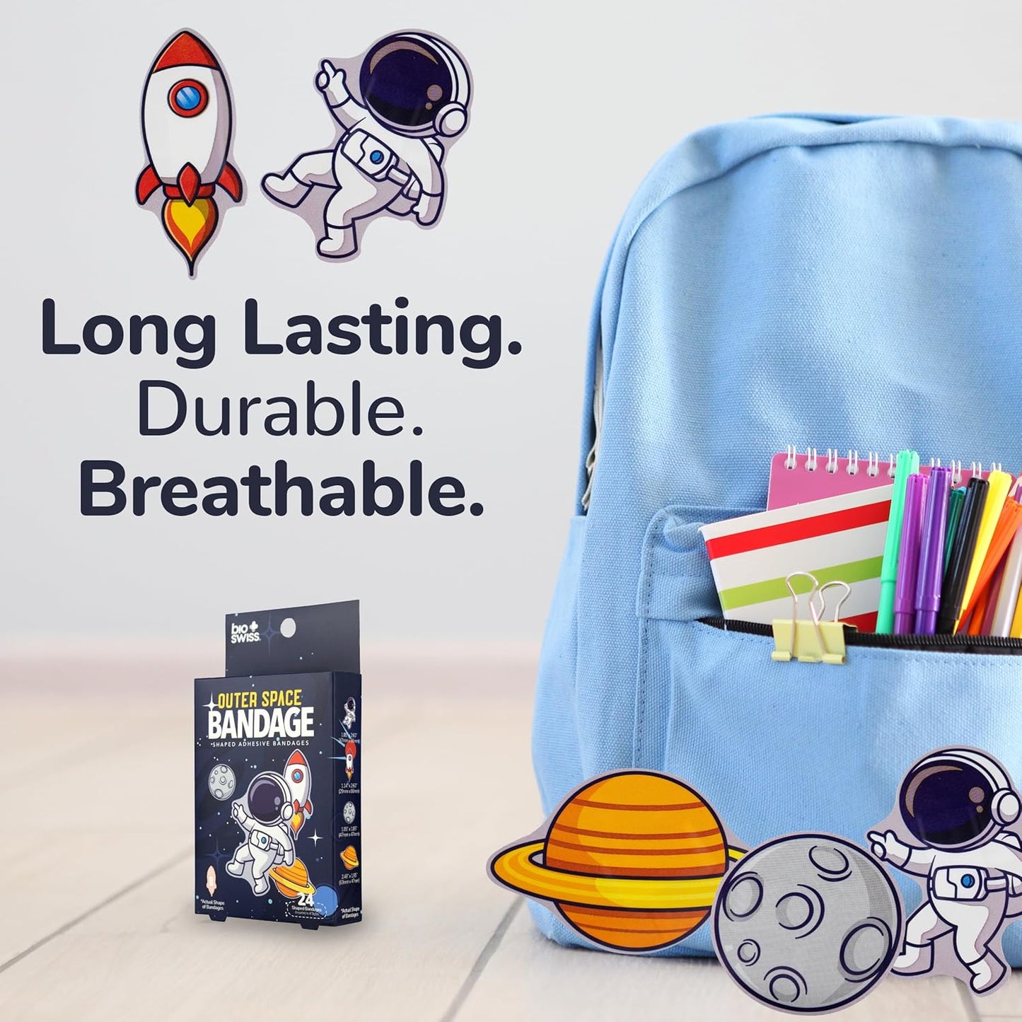 BioSwiss Bandages, Outer Space Shaped Self Adhesive Bandage, Latex Free Sterile Wound Care, Fun First Aid Kit Supplies for Kids and Adults, 24 Count