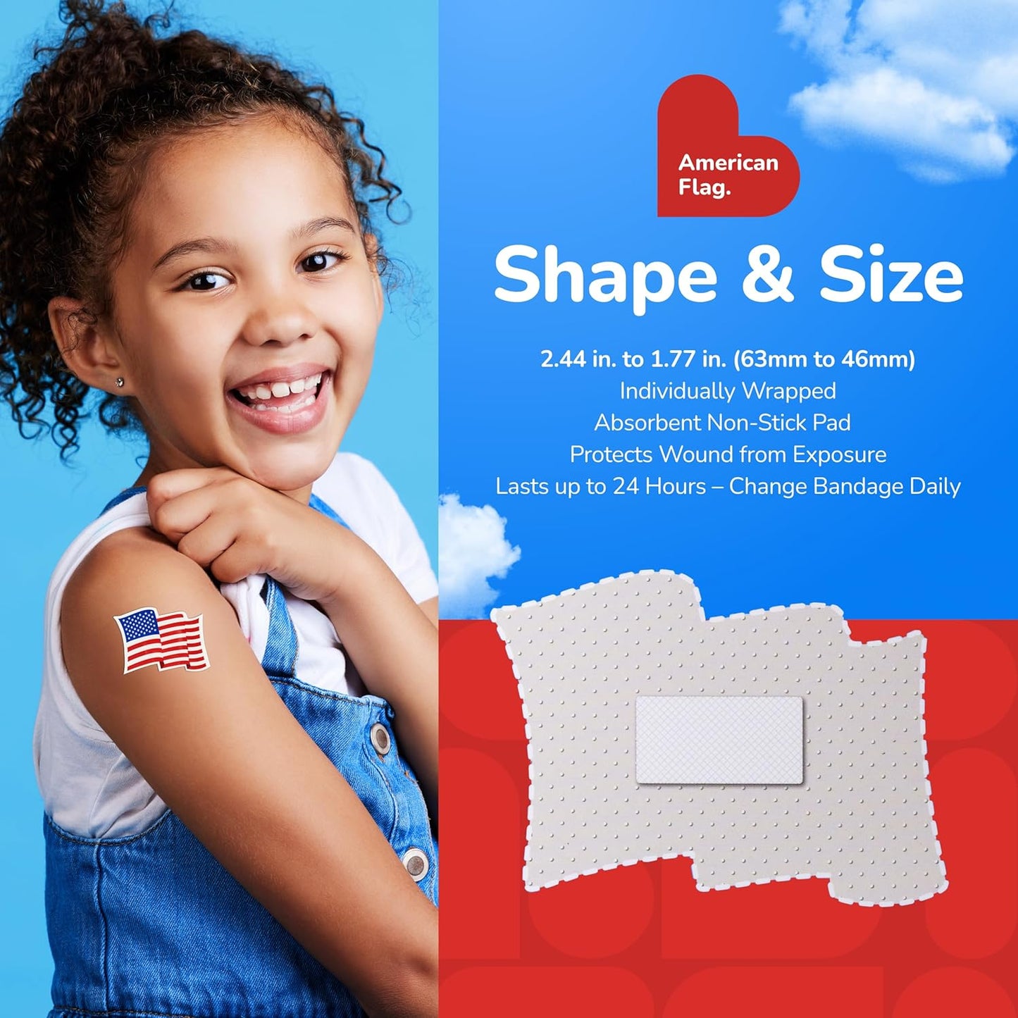 BioSwiss Bandages, American Flag Shaped Self Adhesive Bandage, Latex Free Wound Care, Fun First Aid Kit Supplies for Kids and Adults, 24 Count
