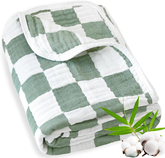 Muslin Baby Blanket Unisex Sage Green Checkerboard Toddler Blanket for Bed, 70% Cotton and 30% Rayon Breathable Swaddle Blankets for Newborn Infant 43 x 43 Inches