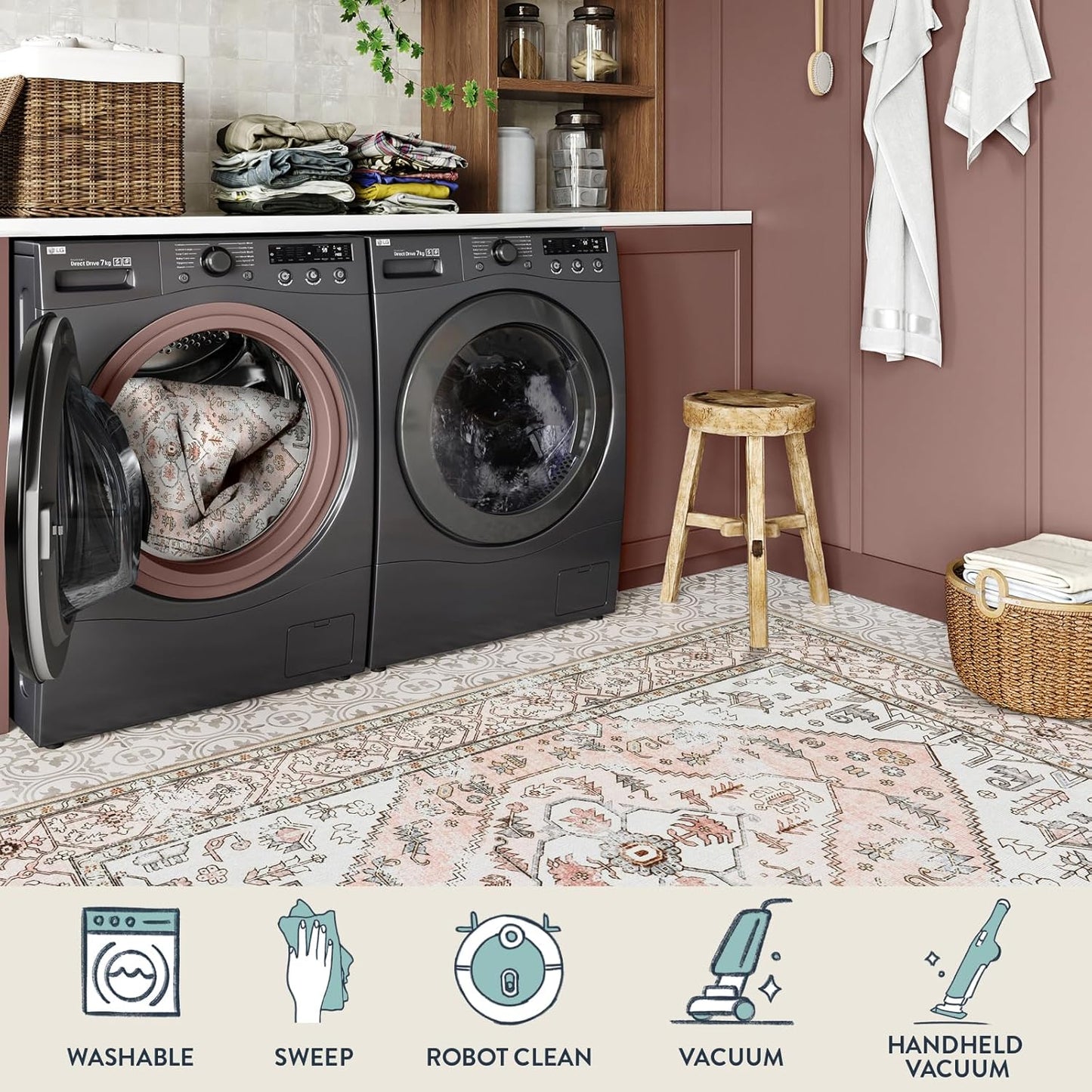 Lahome Boho Washable Non-Slip Pink Rug - Ultra-Thin Non-Shedding Bedroom Bathroom Carpet Runner for Hallway Entryway (Pink, 2'x6')