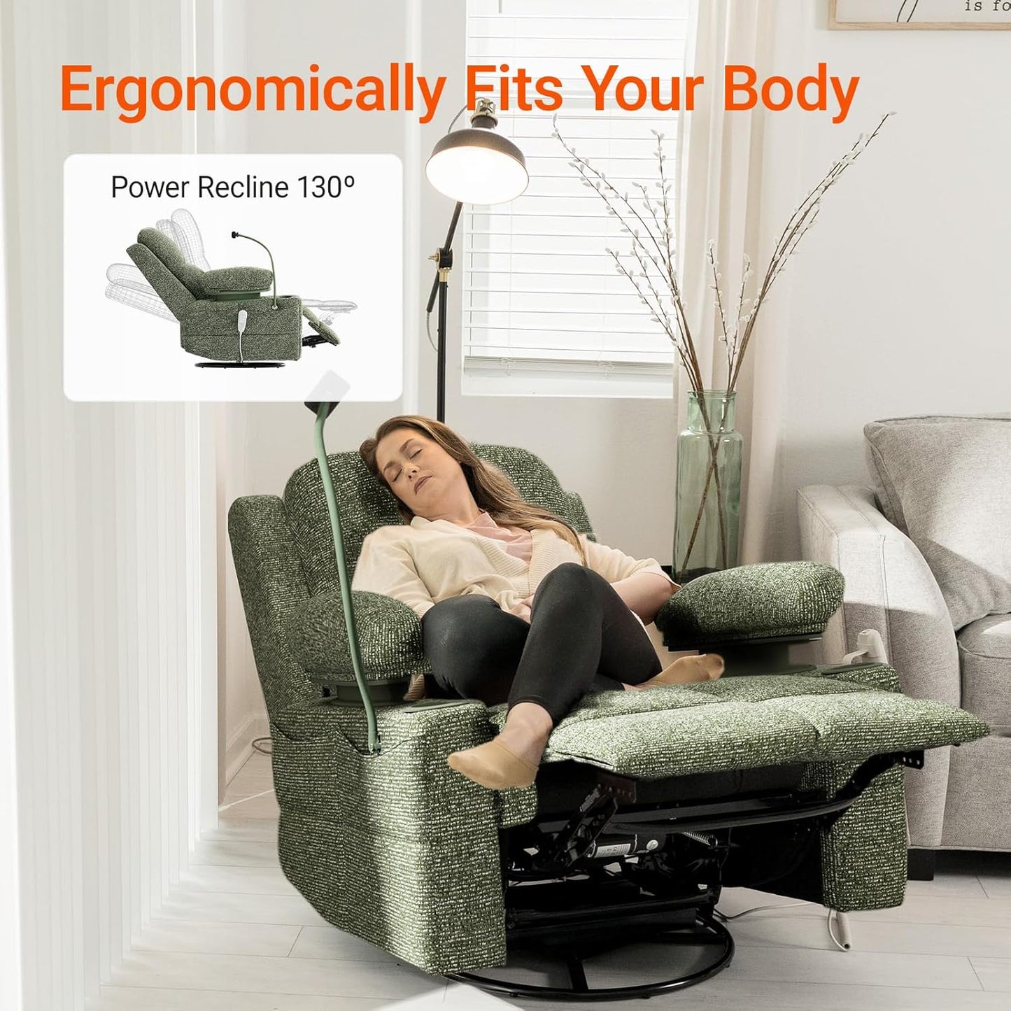 Rocking Chair Nursery with Adjustable Armrests, Electric Glider Recliner Nursing Chair for Breastfeeding, Power Swivel Recliner Chairs with USB Port and Storage, FSC Certified (Moss, Fabric)