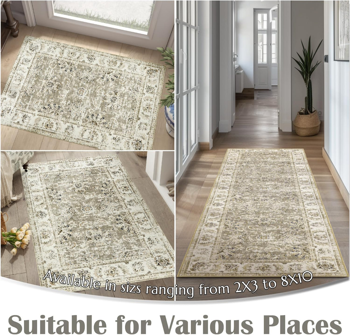 jinchan Hallway Runner Rug 3x10 Washable Runner - Vintage Floral Non Slip Low-Pile Soft Thin Faux Wool Kitchen Rug Distressed Carpet for Farmhouse Bedroom Laundry Room(3x10ft,Taupe)