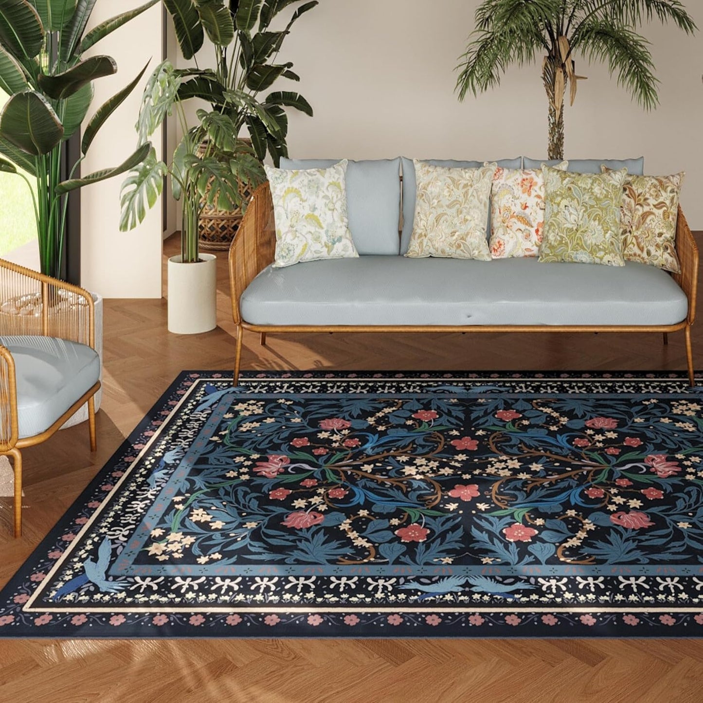 Bedroom Rug 3x5 Rug Washable Area Rug Non Slip Low Pile Vintage Floral Botanical Small Carpet for Bedroom, Bedside, Kitchen, Entryway, Kids Room, Office, Blue