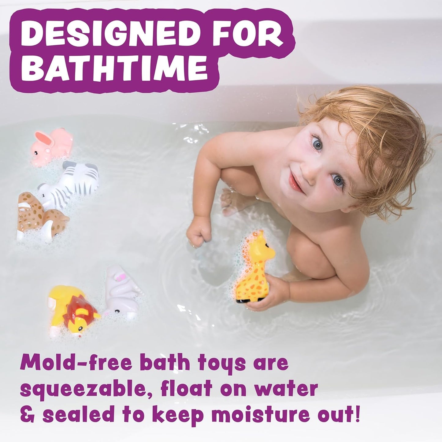 Tub Works® Savanna™ Mold Free Bath Toys, 6 Pack | Sealed, No Hole Bath Toys Design Keeps Moisture Out | Soft, Squeezable & Float on Water | Easy-Grip Baby & Toddler Bathtub Toys | Great Baby Pool Toys