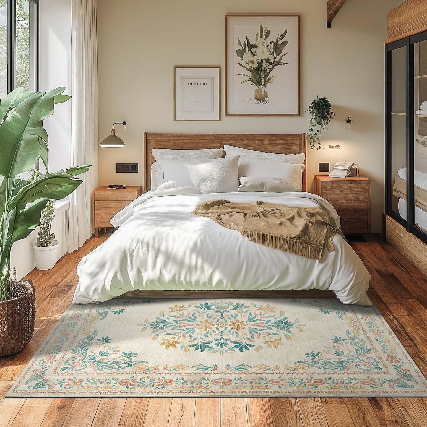 jinchan Floral 4x6 Area Rugs for Nursery - Machine Washable Vintage Distressed Design Soft Ultra-Thin Low-Pile Non-Slip Kids Carpet for Bedroom Living Room Dining Room Home Office (4x6ft,Apricot)