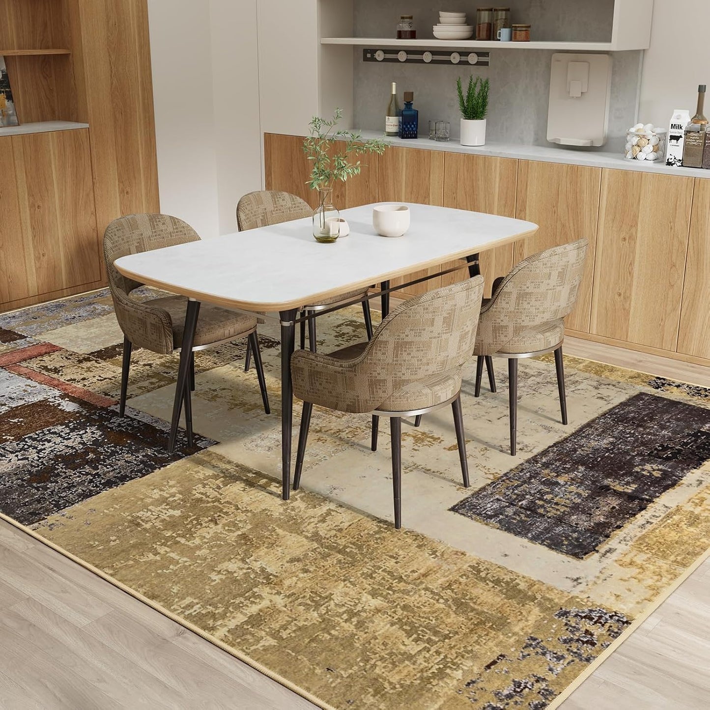 LOCHAS Rug for Living Room, Washable Soft Area Rugs for Bedroom 6x9, Abstract Carpet for Indoor Office Kids Dining Room Nursery Floor, Khaki Geometric Vintage Home Decor, Non Slip, Pet Child Friendly