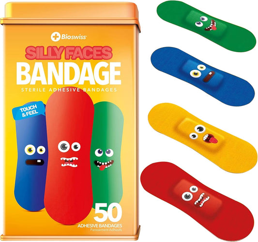 BioSwiss Bandages, Silly Faces Shaped Self Adhesive Bandage, Latex Free Sterile Wound Care, Fun First Aid Kit Supplies for Kids, 50 Count