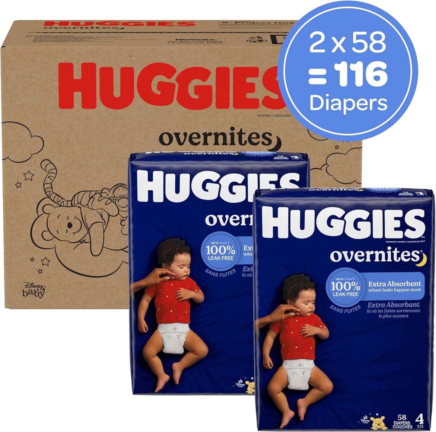 Huggies Size 4 Overnites Baby Diapers: Overnight Diapers, Size 4 (22-37 lbs), 116 Ct (2 Packs of 58), Packaging May Vary