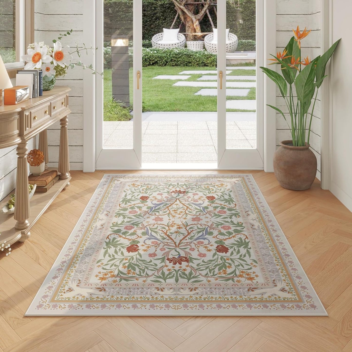 Bedroom Rug 3x5 Rug Washable Area Rug Non Slip Low Pile Vintage Floral Botanical Small Carpet for Bedroom, Bedside, Kitchen, Entryway, Kids Room, Office, Beige