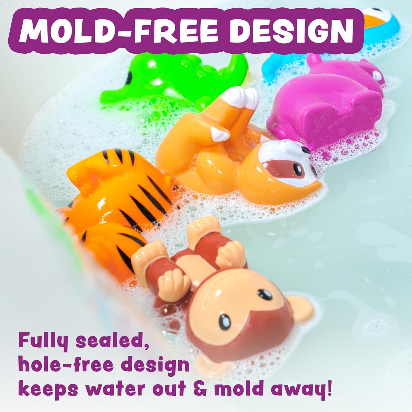 Tub Works® Rainforest™ Mold Free Bath Toys, 6 Pack | Sealed, No Hole Bath Toys Design Keeps Moisture Out | Soft, Squeezable & Float on Water | Easy-Grip Baby & Toddler Bath Toy | Great Baby Pool Toys