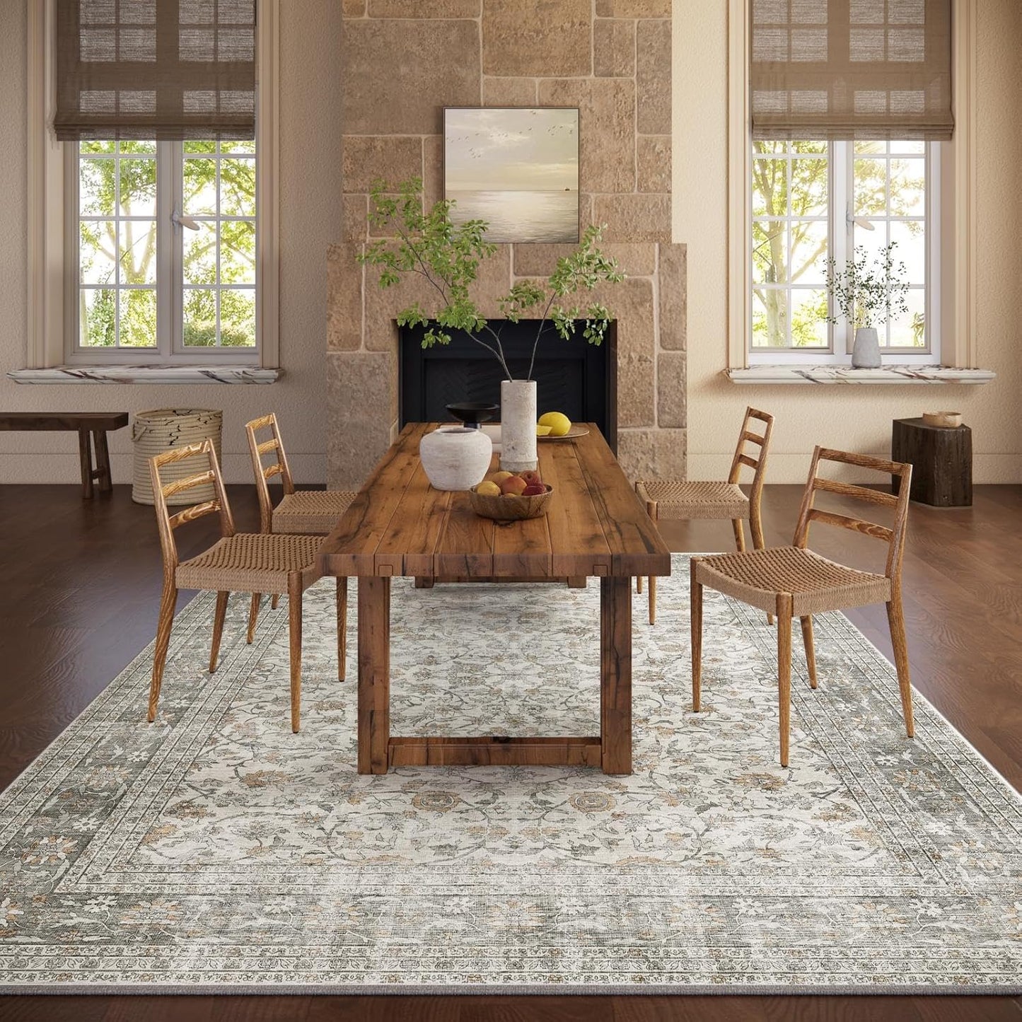 Machine Washable Rugs for Living Room: 9x12 Area Rugs for Bedroom Vintage Stain Resistant Non Slip Low Pile Soft Boho Carpet for Kitchen Dining Room Farmhouse Kids Room Nursery