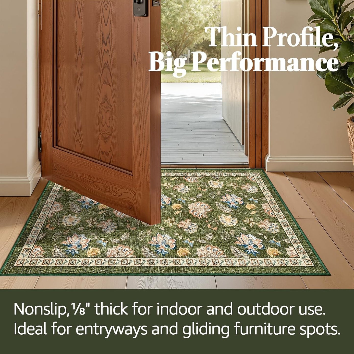 jinchan 3x5 Floral Rug for Entryway Washable Kitchen Rug Vintage Romance Design Small Mat Non Slip Indoor Doormat Lightweight Low-Profile Throw Carpet for Entrance Bathroom Laundry Room, Green