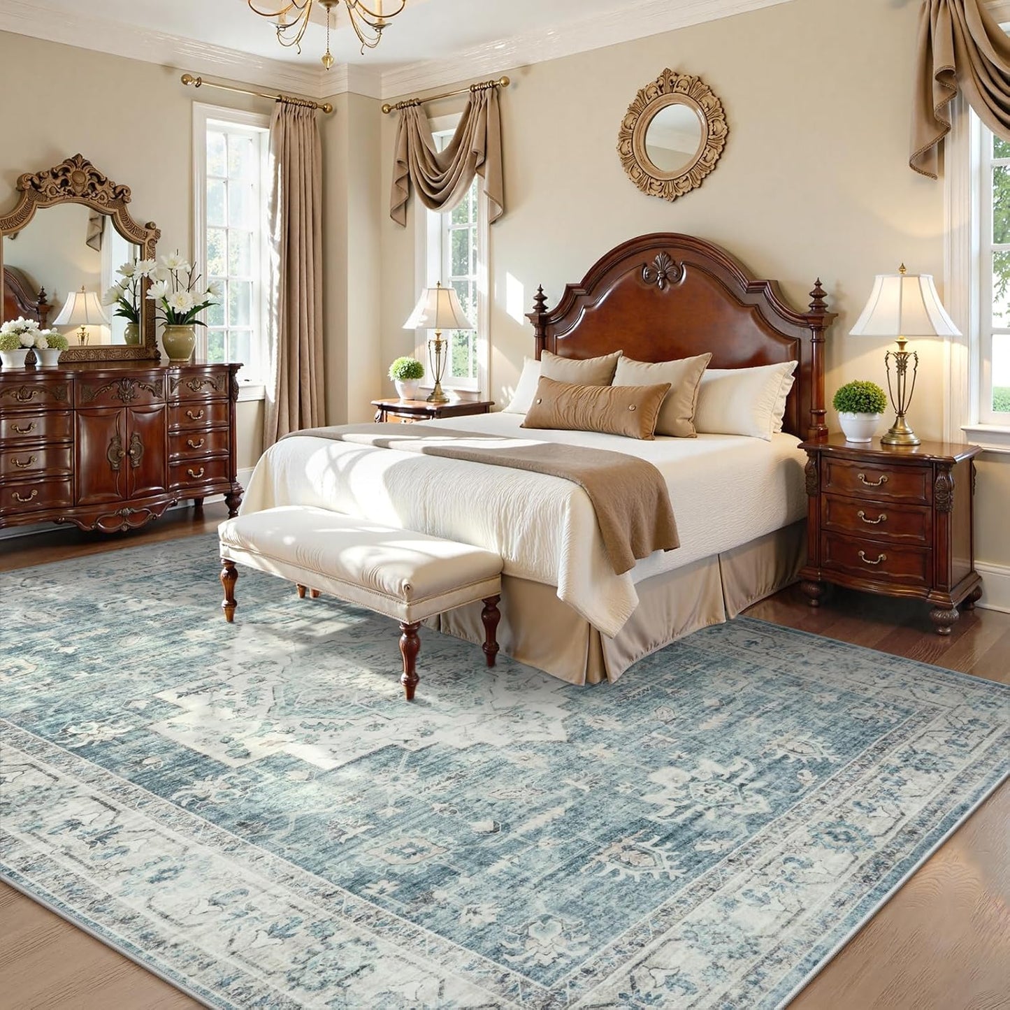 LIVEBOX Washable Area Rug 6x9 Rugs for Living Room Dining Room Under Table, Non-Slip Boho Indoor Carpet for Bedroom, Low-Pile Farmhouse Soft Carpets for Nursery Room Playroom, Blue