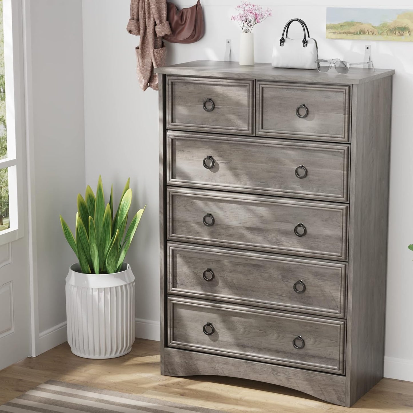 LGHM Modern 6 Drawer Dresser, Dressers for Bedroom, 44.33" Tall Chest of Drawers Closet Organizers & Storage Clothes - Easy Pull Handle, Textured Borders Living Room, Hallway, Gray