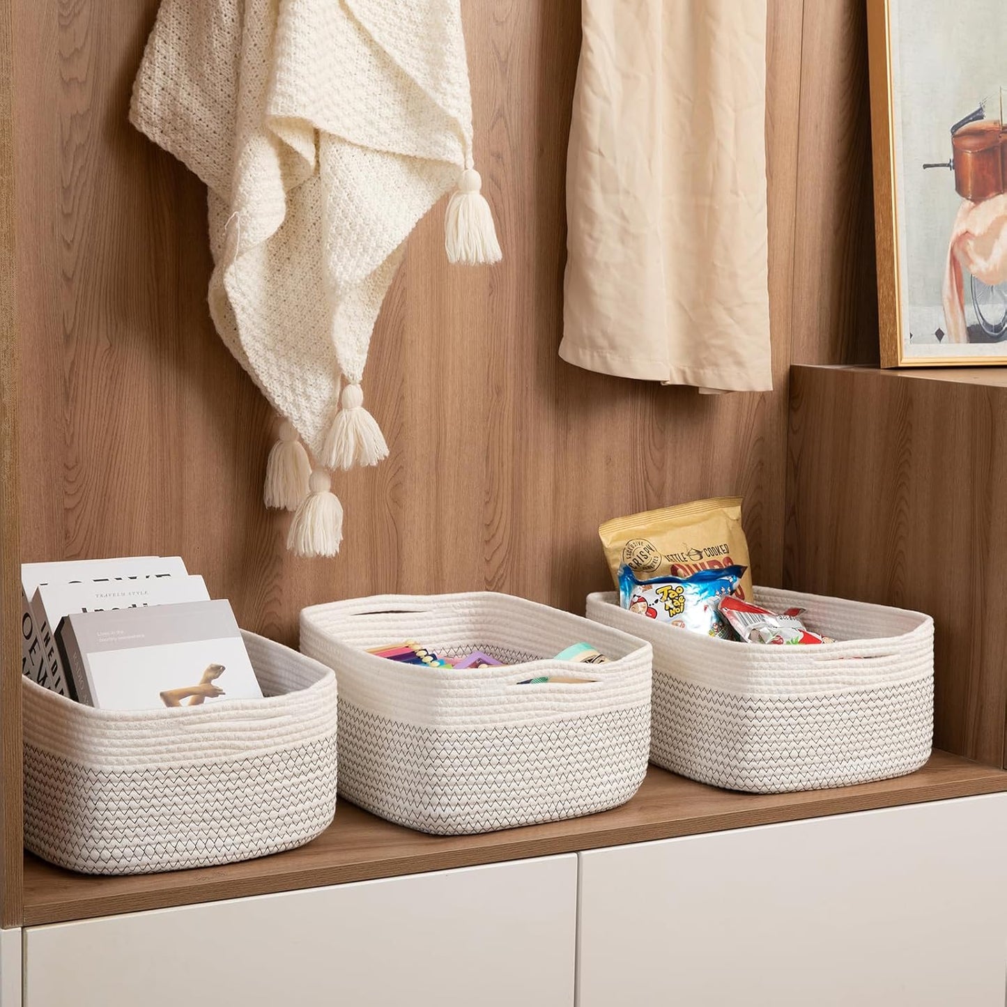 Storage Baskets for Organizing 3 Pack, Woven Baskets for Shelves, Closet Organizer Bins Empty Gift Basket Toy Storage for Toys, Books, Towels, Clothes, 15"x11.42"x6.7", White & Black