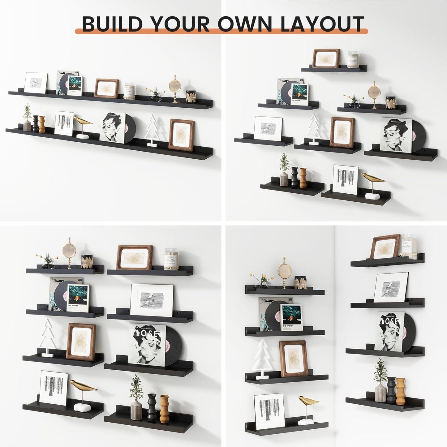 Floating Picture Ledge Shelves for Wall Set of 8, 16 Inch Solid Wood Wall Shelves with Lip Long Large Nursery Book Shelf for Toys Storage Kids Bookshelf Wall Mounted Living Room Bedroom Decor Frames