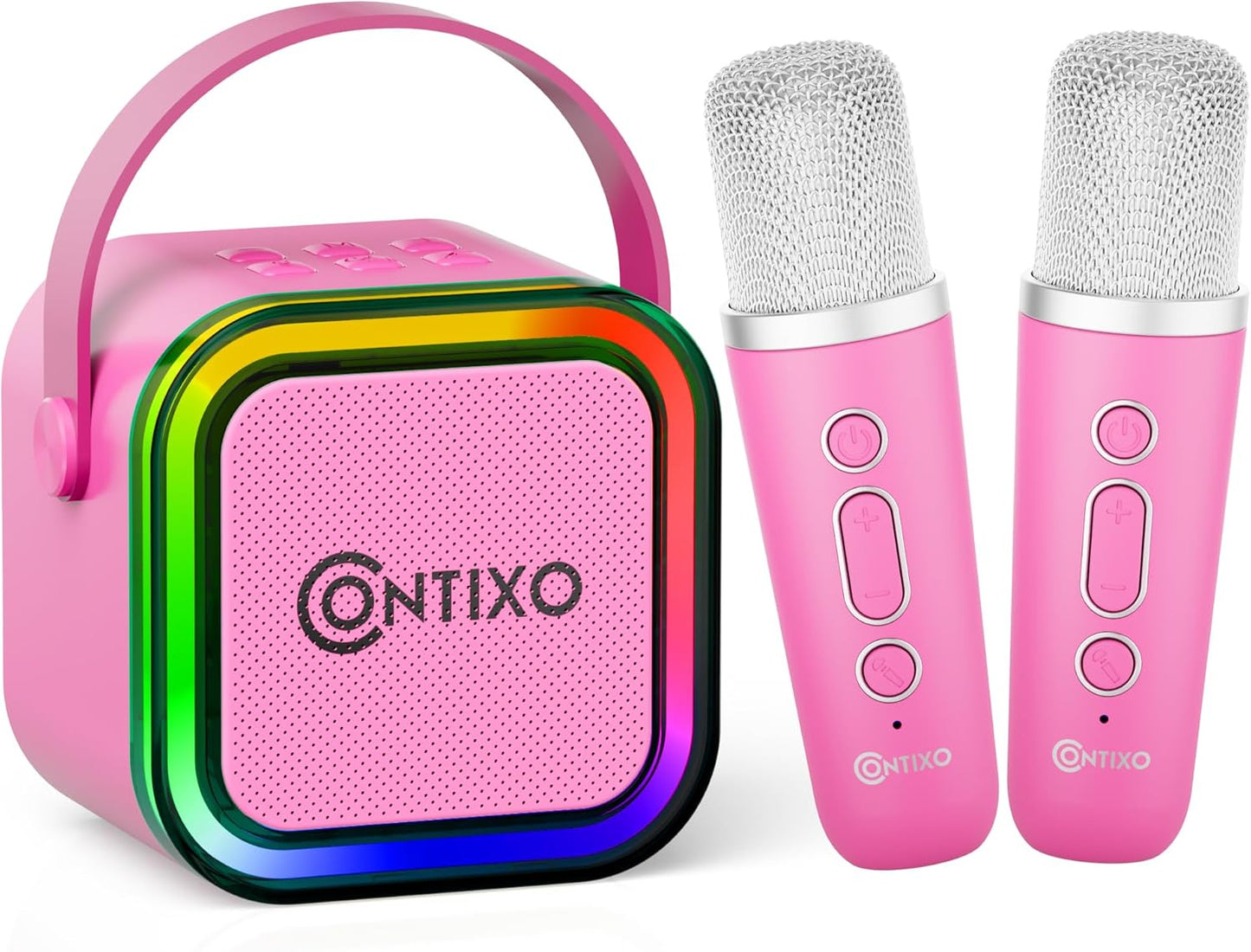 Contixo KS1A Kids Mini Karaoke Machine with LED Lights, 7–10H Playback, Dual Wireless Mics, Magic Voice Effects, Bluetooth Speaker for Children, Portable Singing Toy Gift for Boys & Girls, Pink