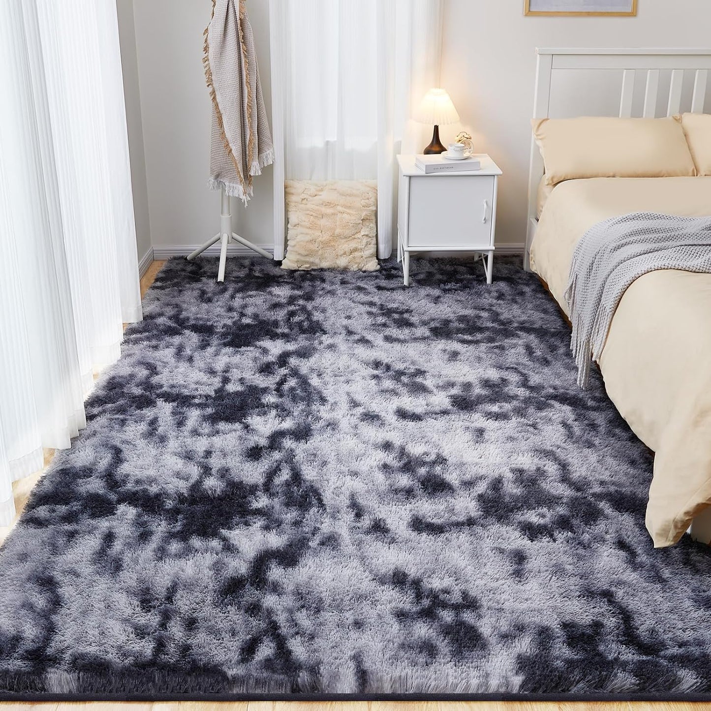 Fluffy Area Rug, 4x5.8 Tie-Dyed Dark Grey Rugs for Bedroom, Soft Plush Area Rugs for Living Room, Nursery, Study Room, Dressing Room, Home Decor