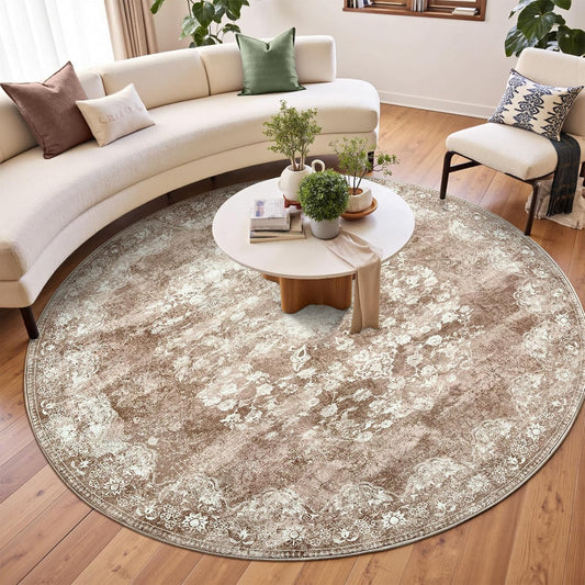 jinchan Round Rug 7ft Area Rug - Brown Vintage Floor Mat Kitchen Indoor - Washable Circle 7' Thin Floral Print Carpet Retro Farmhouse Non Slip Dining Room Living Room Bedroom Office