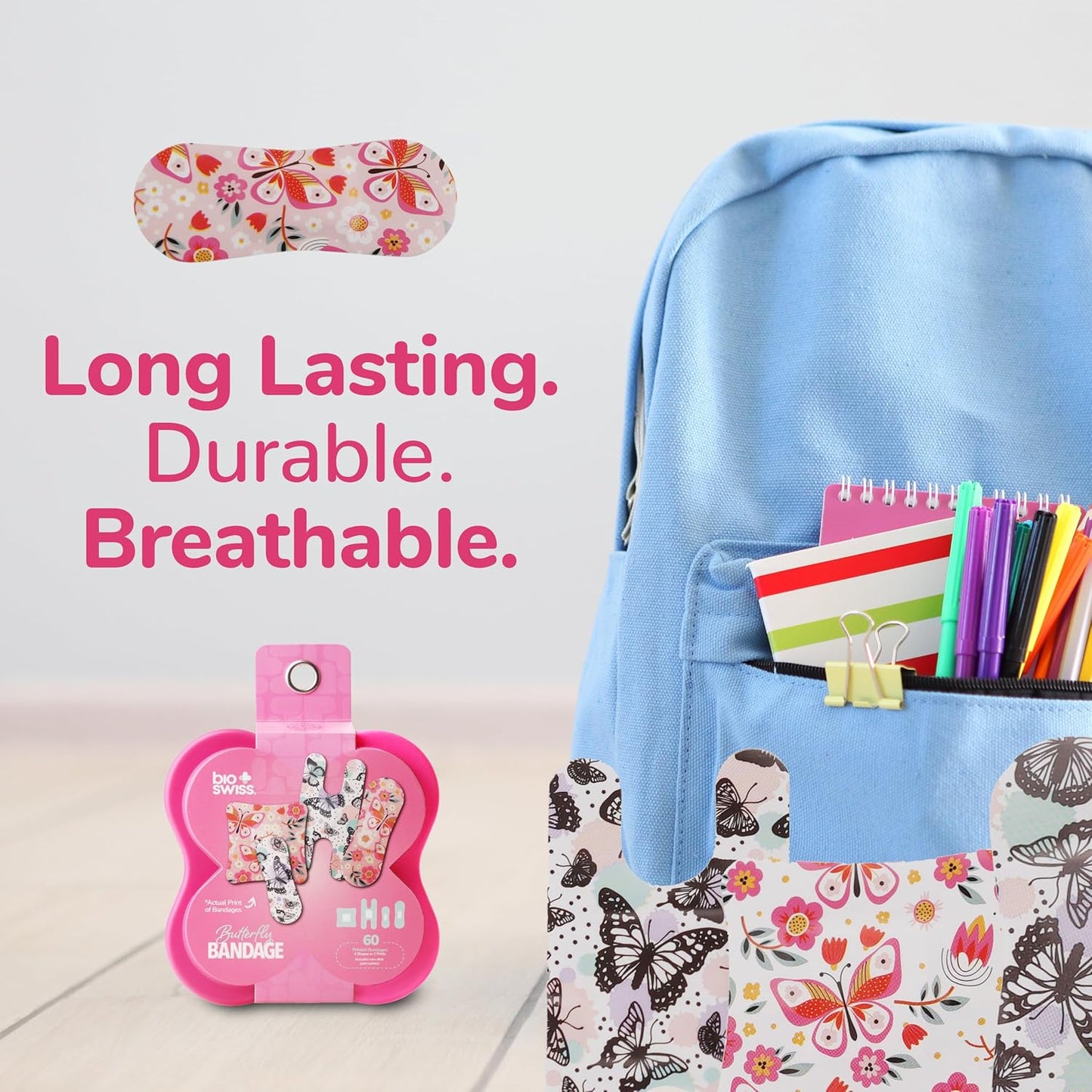 BioSwiss Bandages, Assorted Size Butterfly Print Self Adhesive Bandage, Latex Free Sterile Wound Care, First Aid Kit Supplies for Kids and Adults, 60 Count